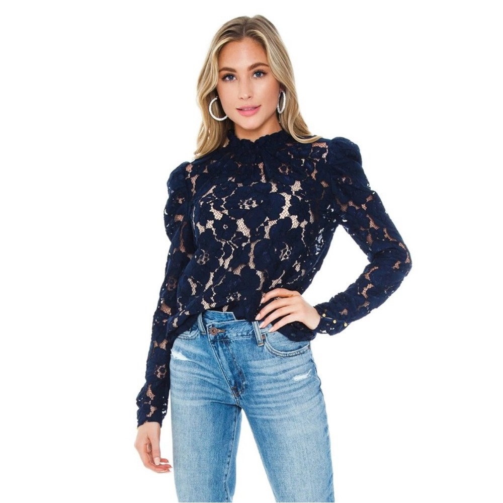 WAYF Emma Puff Sleeve Lace Top Long Sleeve Blue Lined Women Sz Medium‎